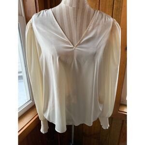 EXPRESS Cream V Neck Long Sleeve Blouse Puff Shoulder Smocked Cuff Shirt Top L